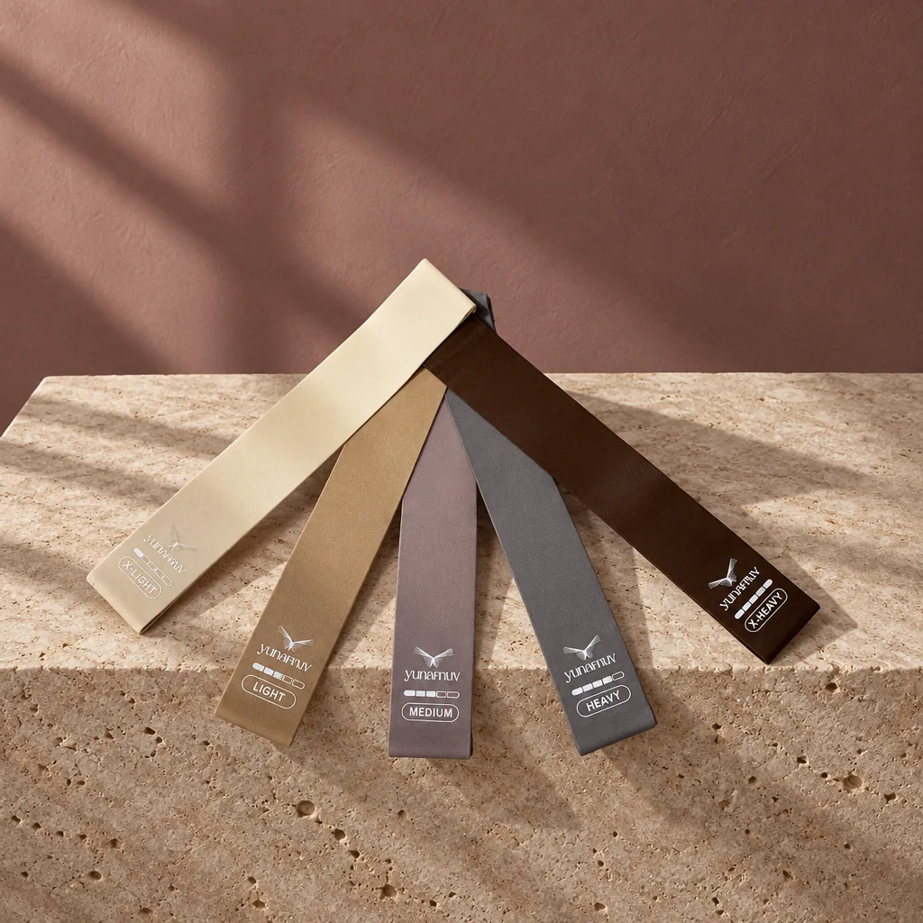 Five resistance bands fanned out on travertine