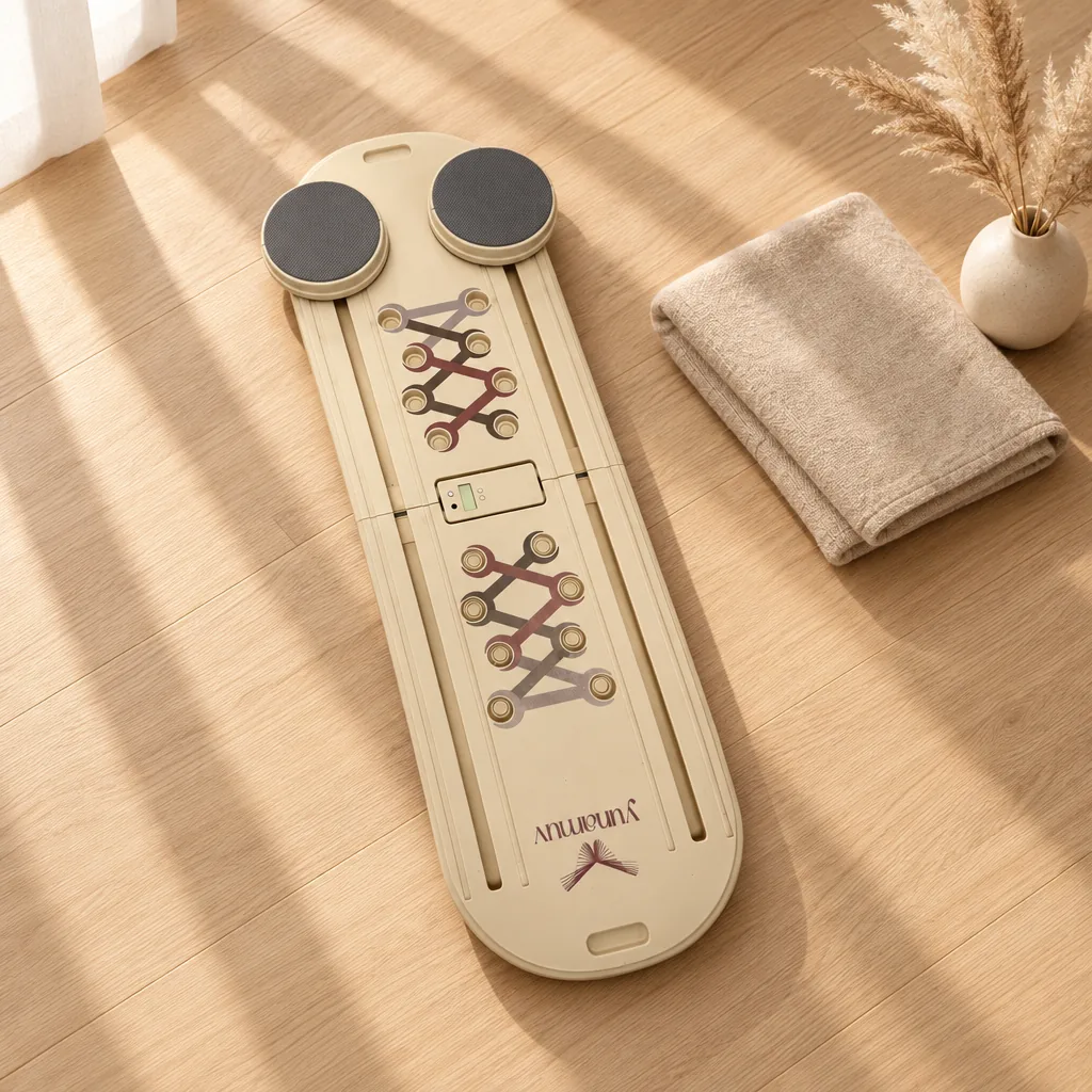 The yunamuv Pilates board on an oak floor in morning light