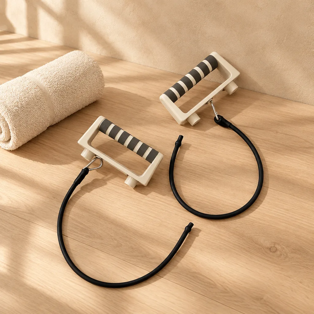 Two handles with resistance cords on an oak floor