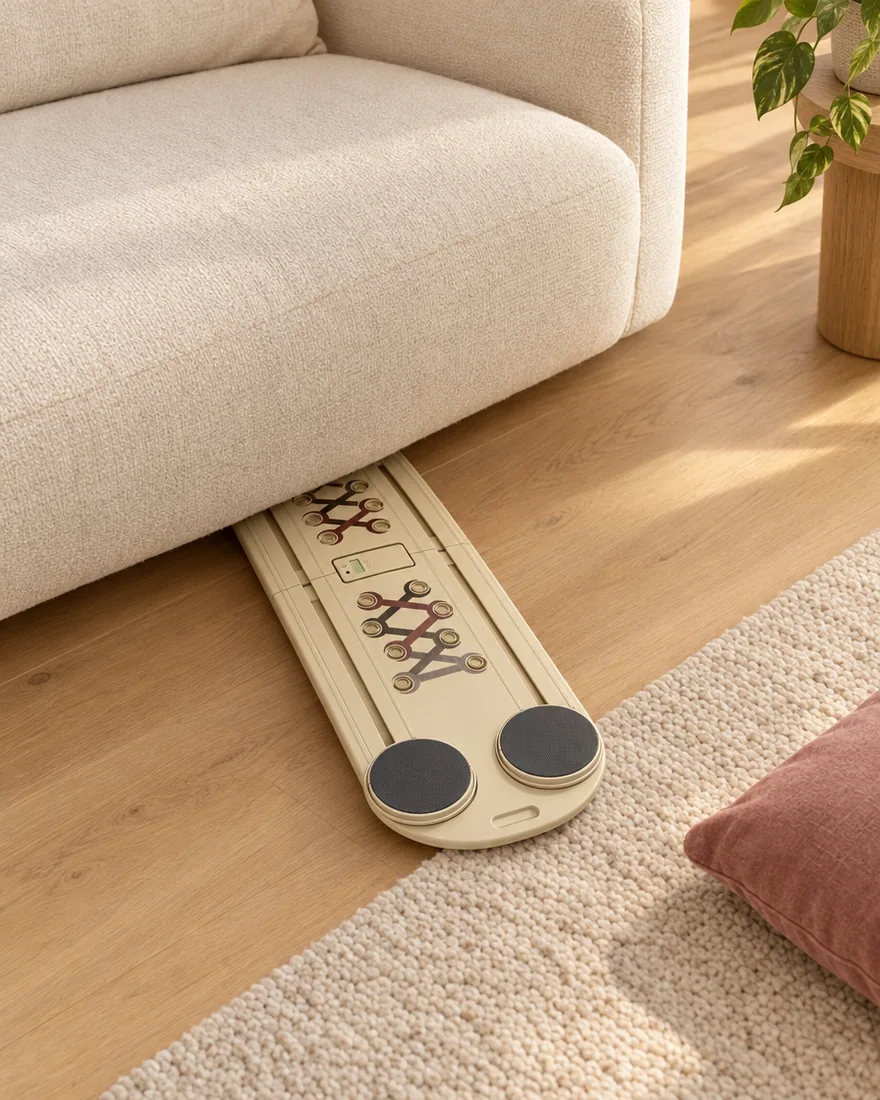 Board folded away under a sofa