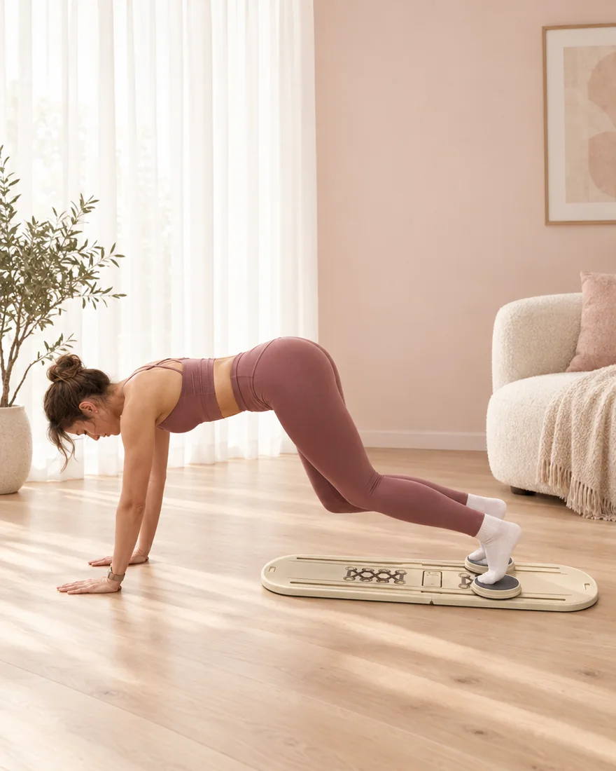 Woman doing a banded glute bridge on the board